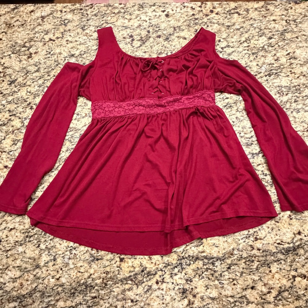 Mooncolour Womens XL Burgundy Cold Shoulder Lace Up Empire Waist Lace Trim Top v